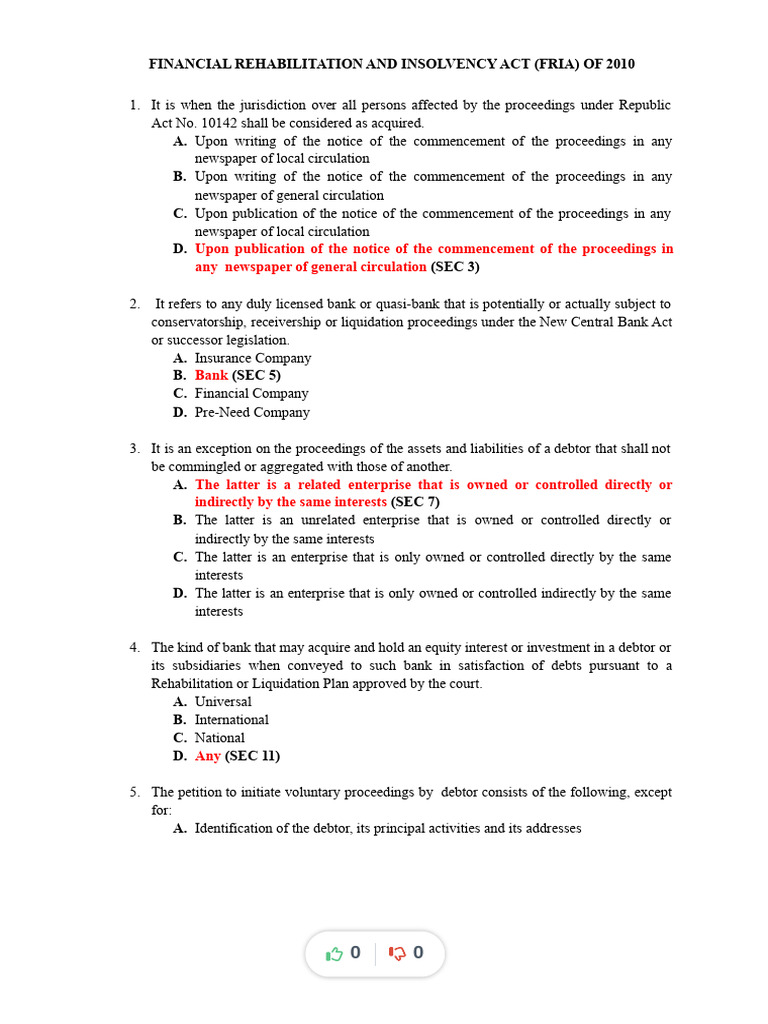 Fria Mcqs Practice Exam - Compress | PDF | Bankruptcy | Law
