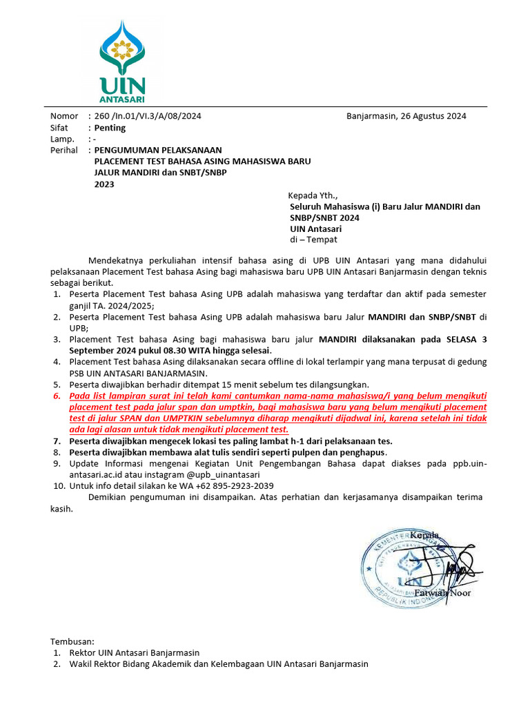 Tatib Dan Pelaksanaan Placement Test Jalur Mandiri Fix | PDF