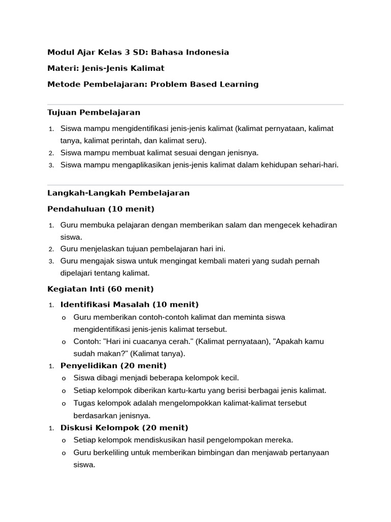 Modul Ajar Kalimat Kelas 3 SD | PDF | Seni & Disiplin Bahasa | Kajian ...