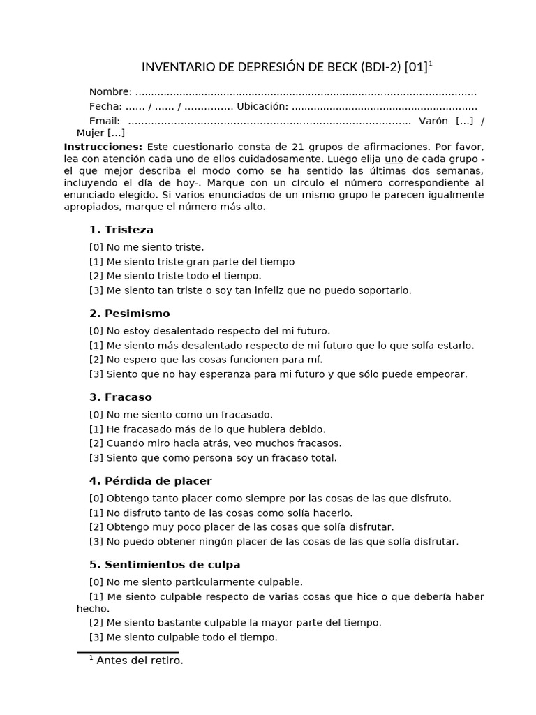 Inventario de Depresión de Beck (BDI-2) | PDF | Depresión (estado de ánimo)