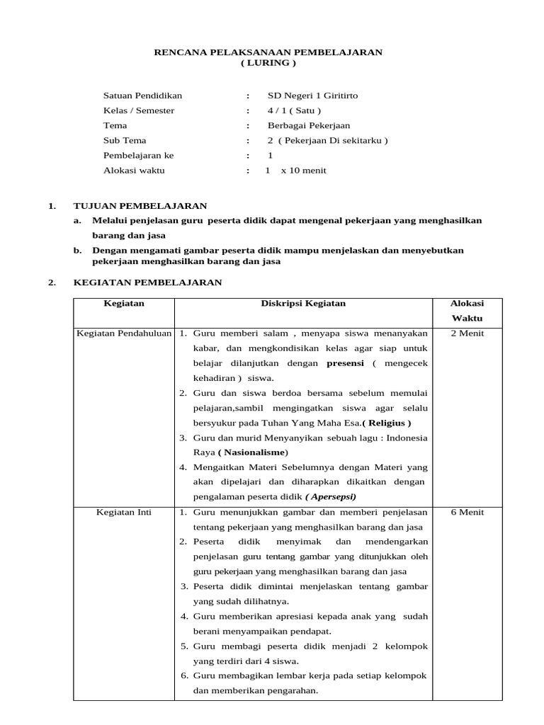 RENCANA PELAKSANAAN PEMBELAJARAN KELAS 4 Baru | PDF
