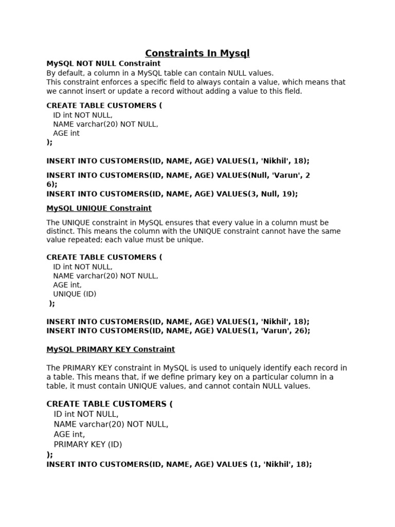 Constraints in Mysql | PDF