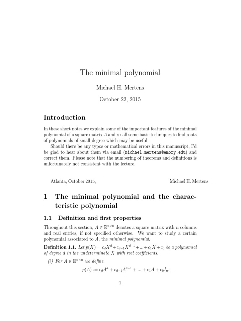 Minimal Polynomial of Square Matrices | PDF | Eigenvalues And ...