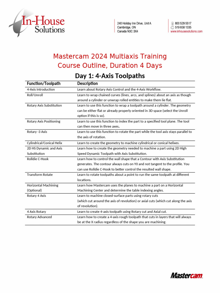 COURSE OUTLINE, Mastercam 2024 Multiaxis Training | PDF