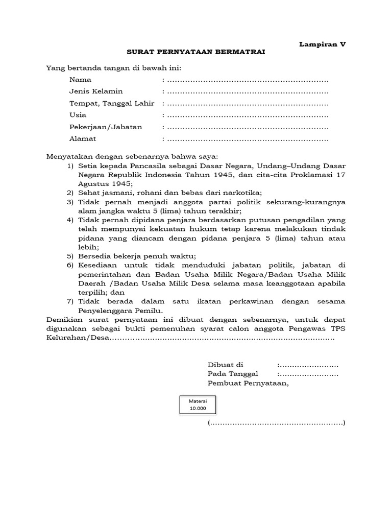 Surat Pernyataan Bermaterai | PDF