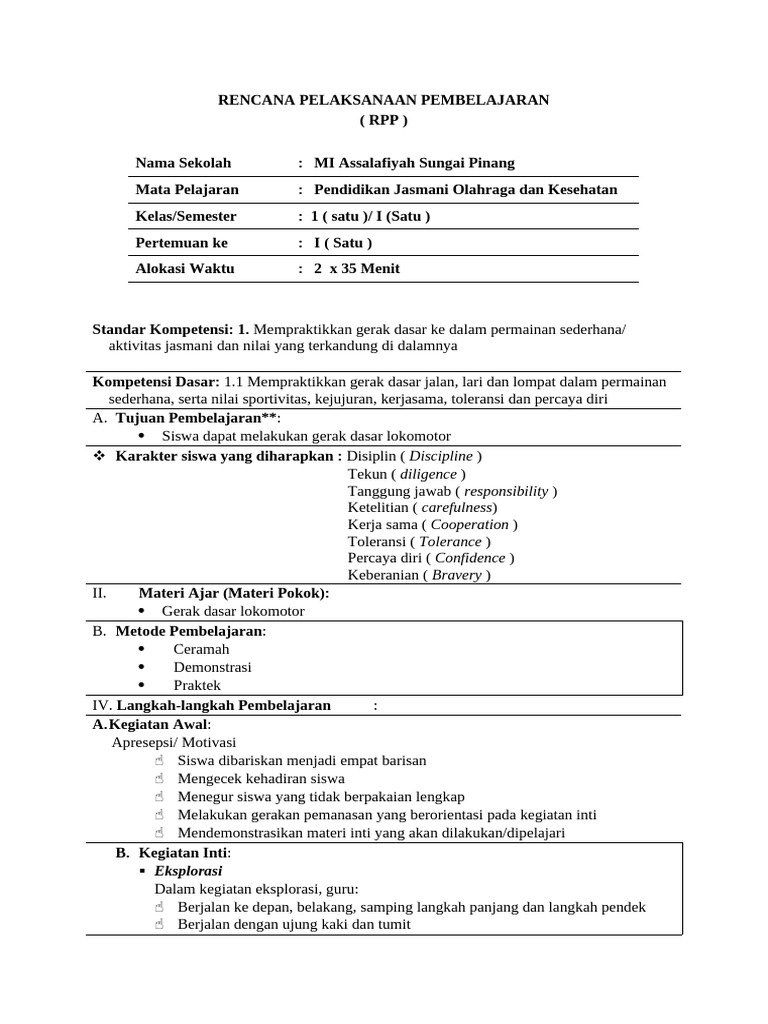 RPP Penjas Orkes Kelas 1. Semester 1 | PDF