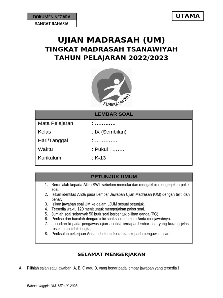 Template Soal Ujian Pdf