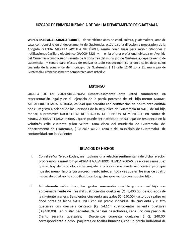 Escrito Inicial de Juicio Oral de Alimentos | PDF