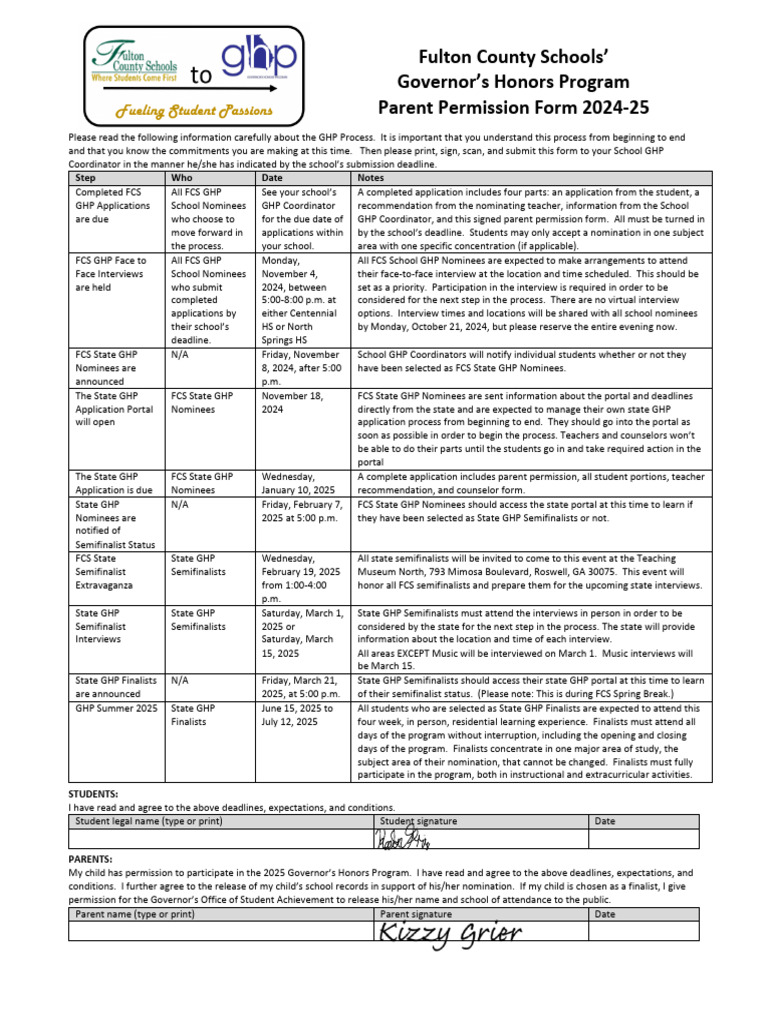 GHP Parent Permission Form | PDF