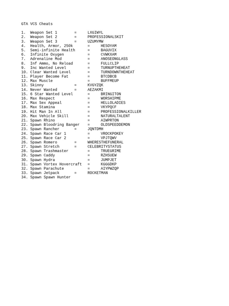 GTA VCS Cheats | PDF