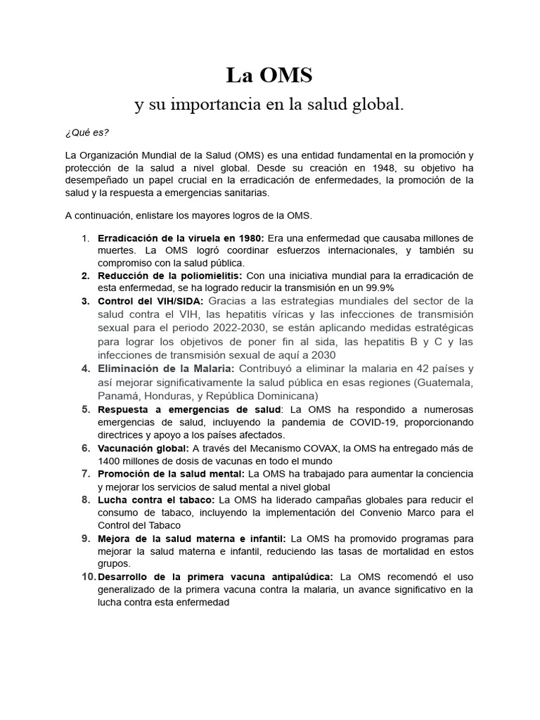 Importancia de la OMS en Salud Global | PDF | Organización Mundial de ...