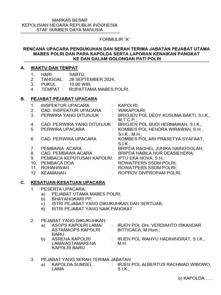 Form A Upc Pelantkan Dan Sertijab Pju Mabes Polri Dan para Kapolda ...