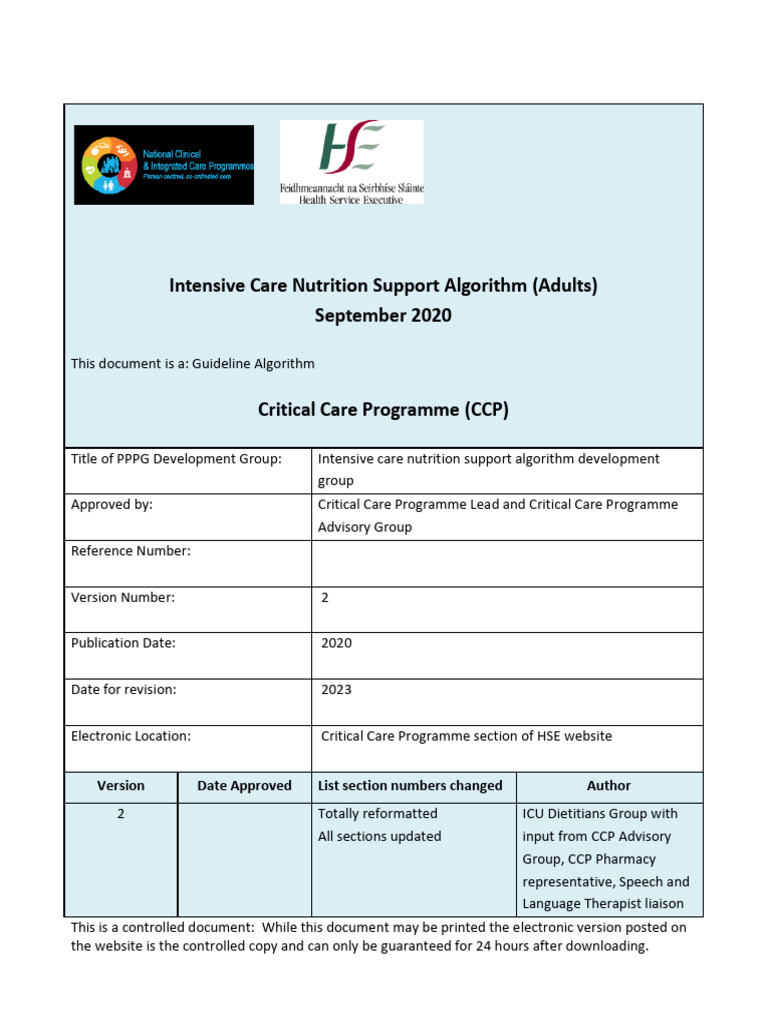 CCP Intensive Care Nutrition Support Algorithm September 2020 | PDF