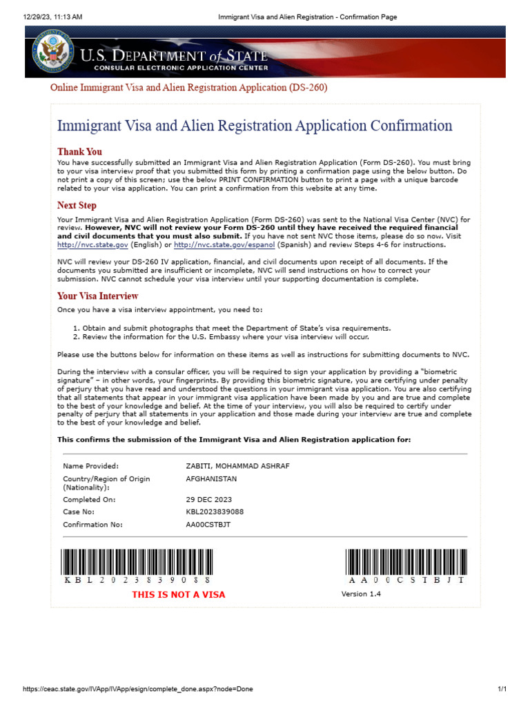 Immigrant Visa and Alien Registration - Confirmation Page1 | PDF