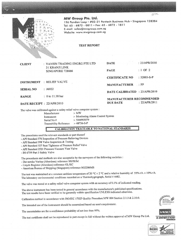 A Test Report and Certificate of Calibration For Relief Valve Serial