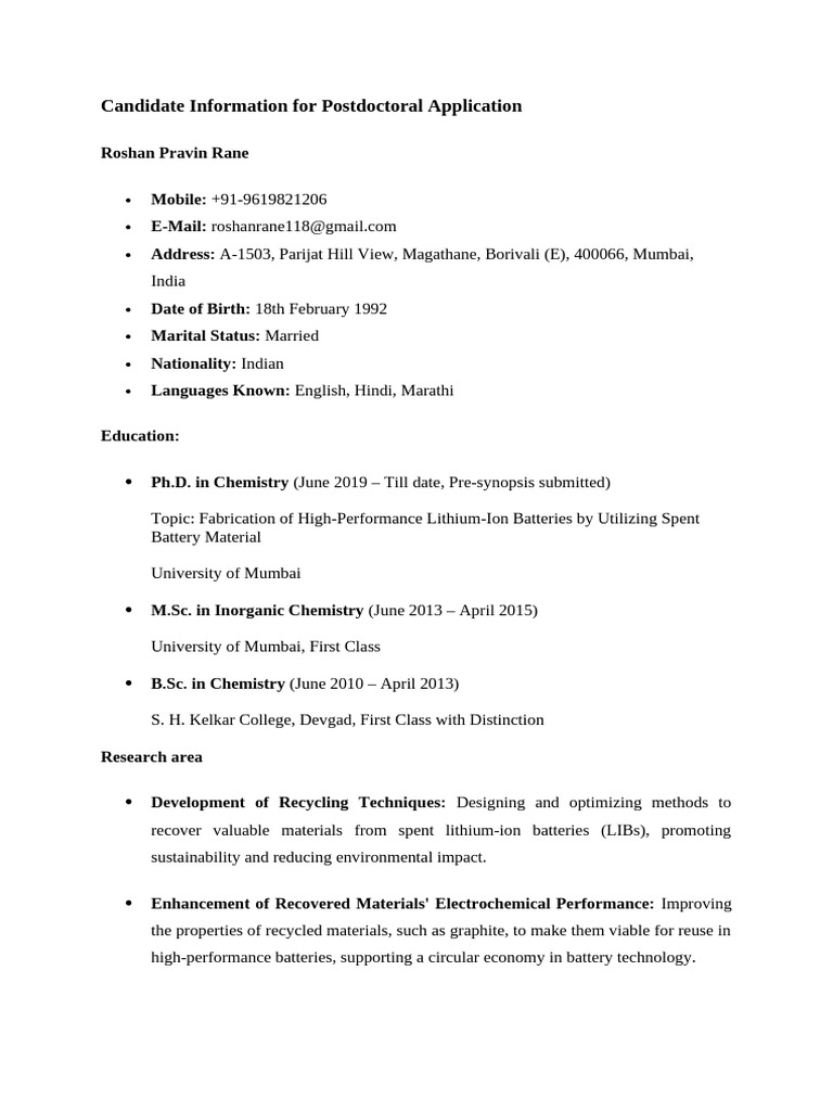 Candidate Information For Postdoctoral Application | PDF