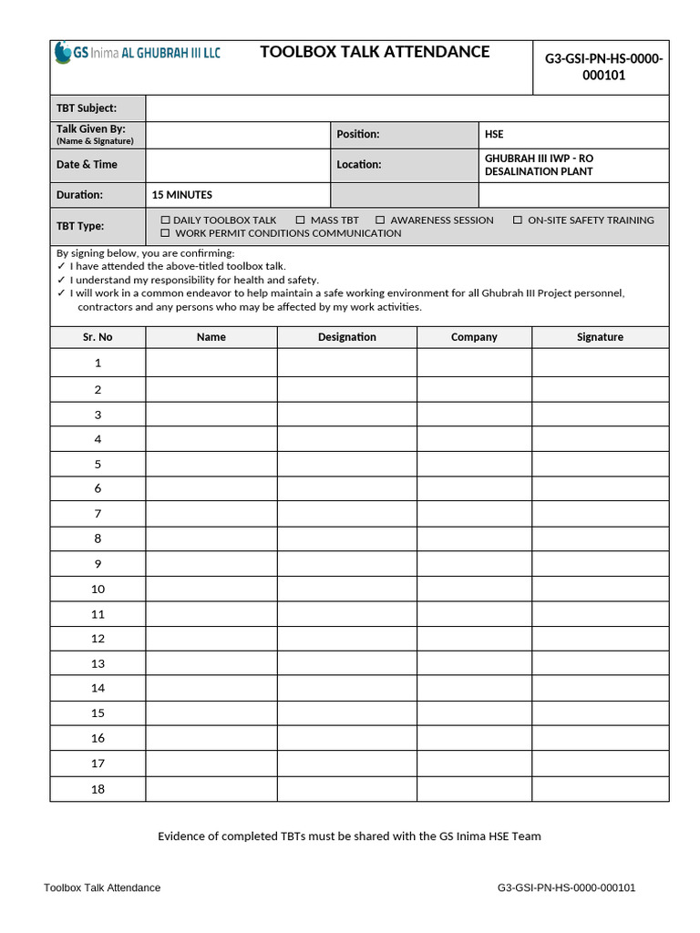 Toolbox Talk Attendance Form | PDF