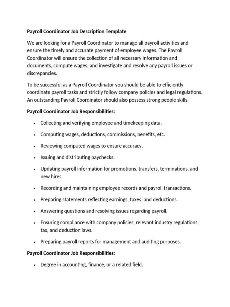 Payroll Coordinator Job Description Template PDF