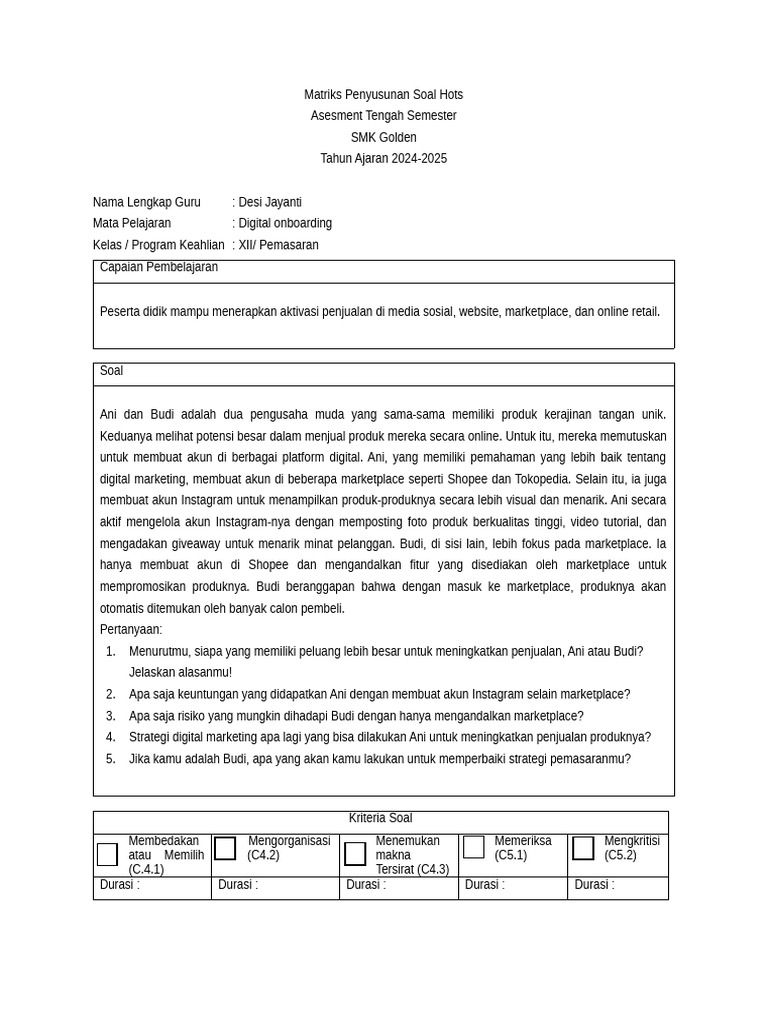 Matriks penyusunan soal hots digital onboarding pdf