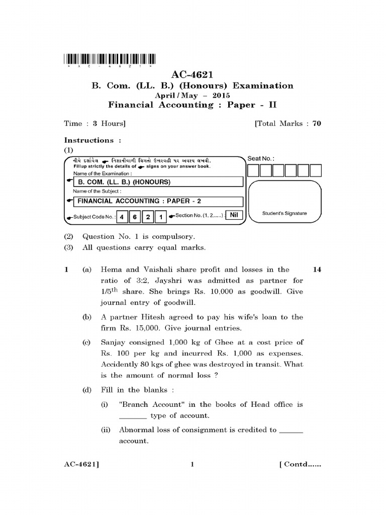 AC-4621 - B. Com. (LL. B.) (Honours) Examination April May - 2015 ...