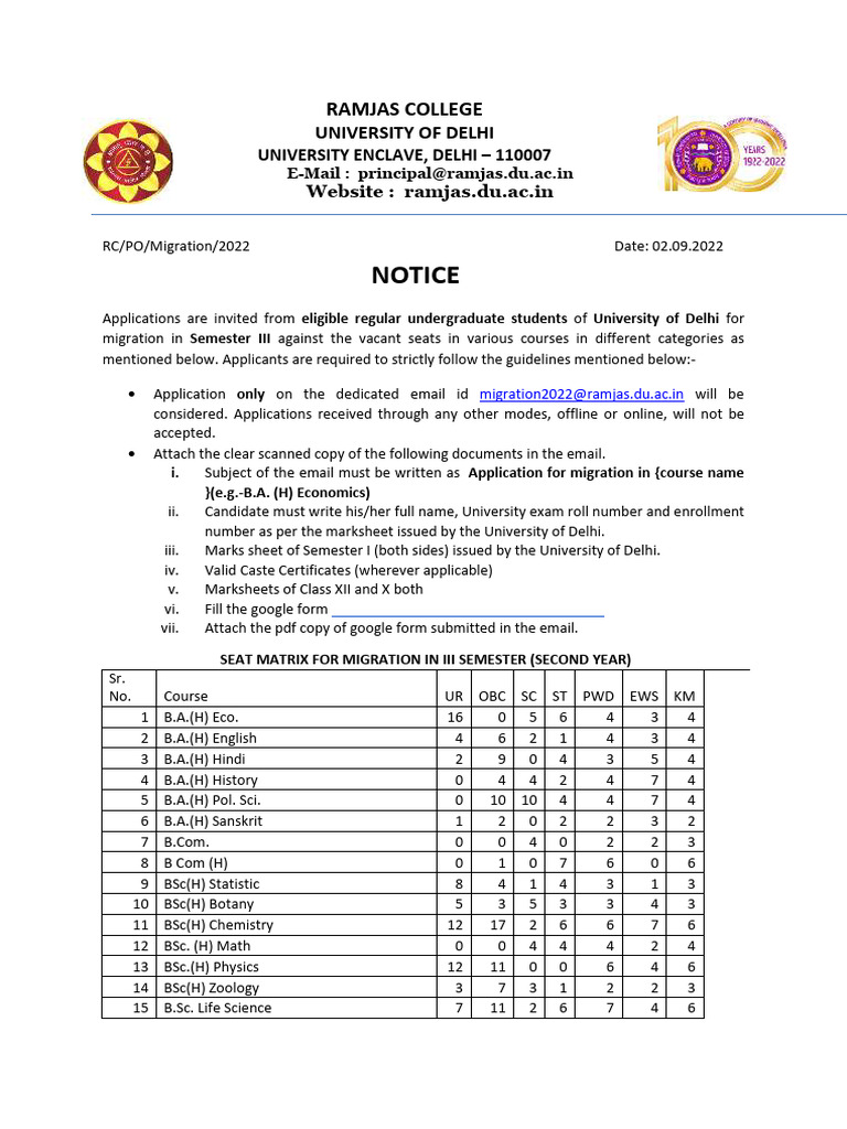 DU Migration Notice for Sem III | PDF | Bachelor Of Science ...