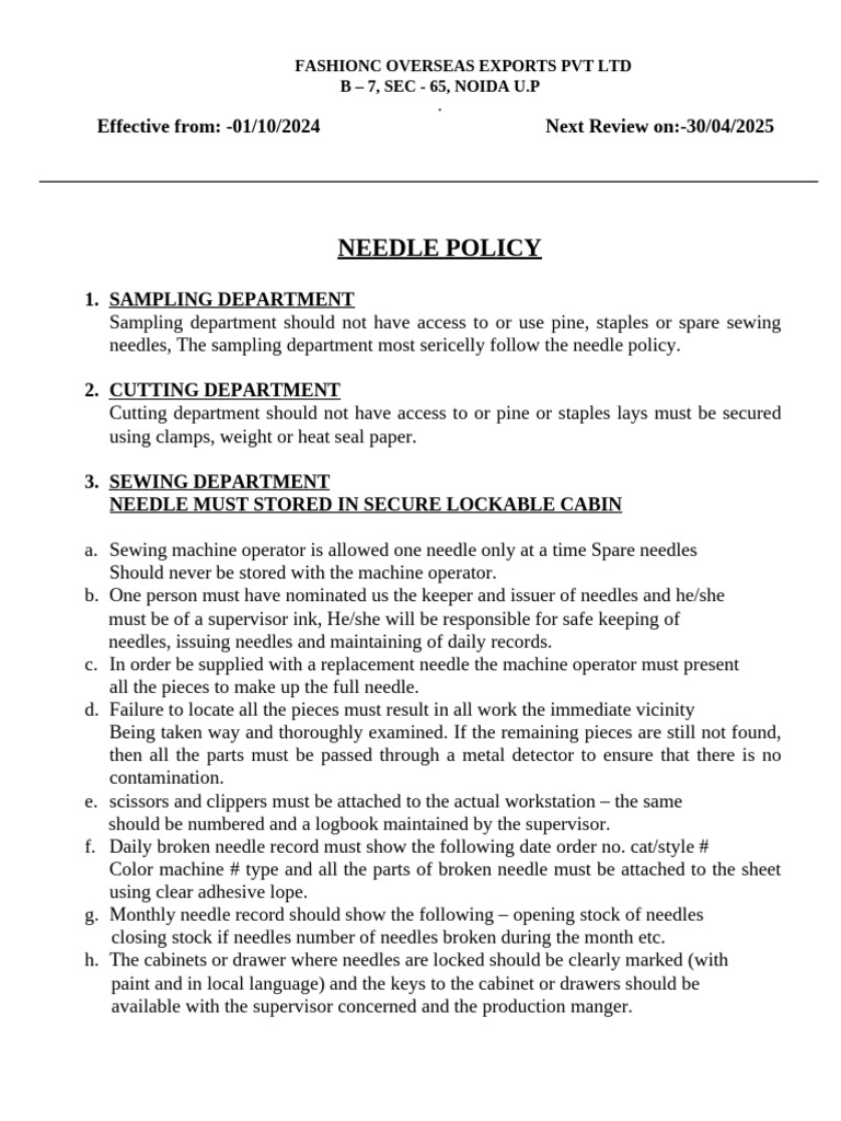 Needle Policy | PDF
