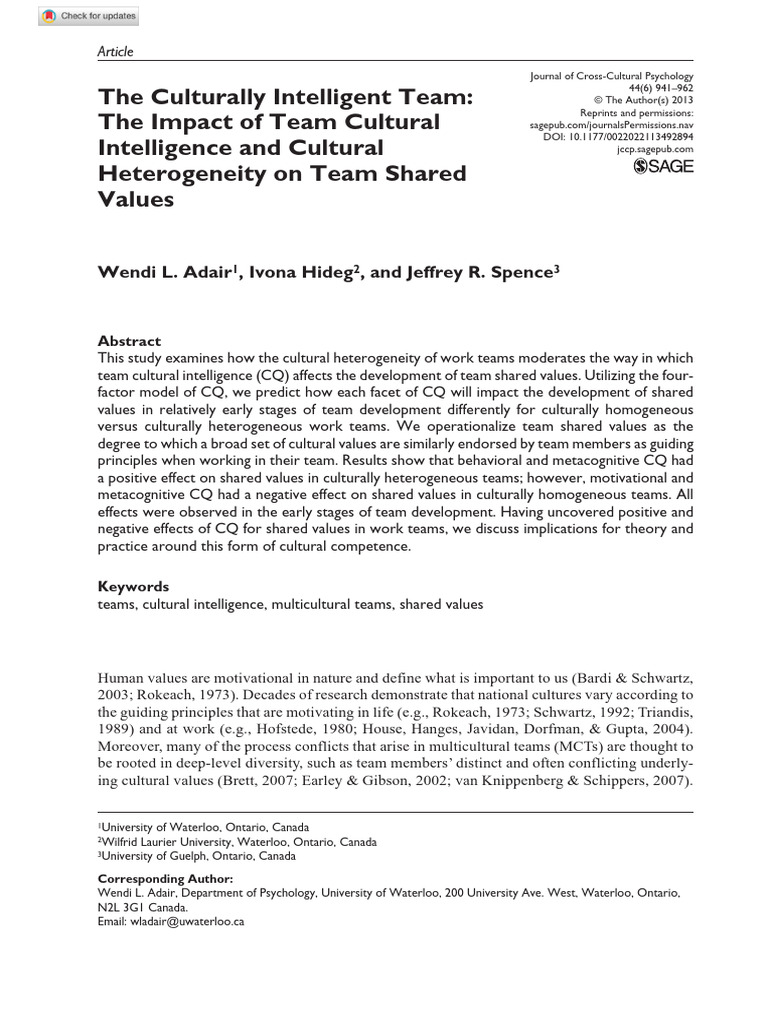 Adair Et Al 2013 - The Culturally Intelligent Team Impact of Team ...