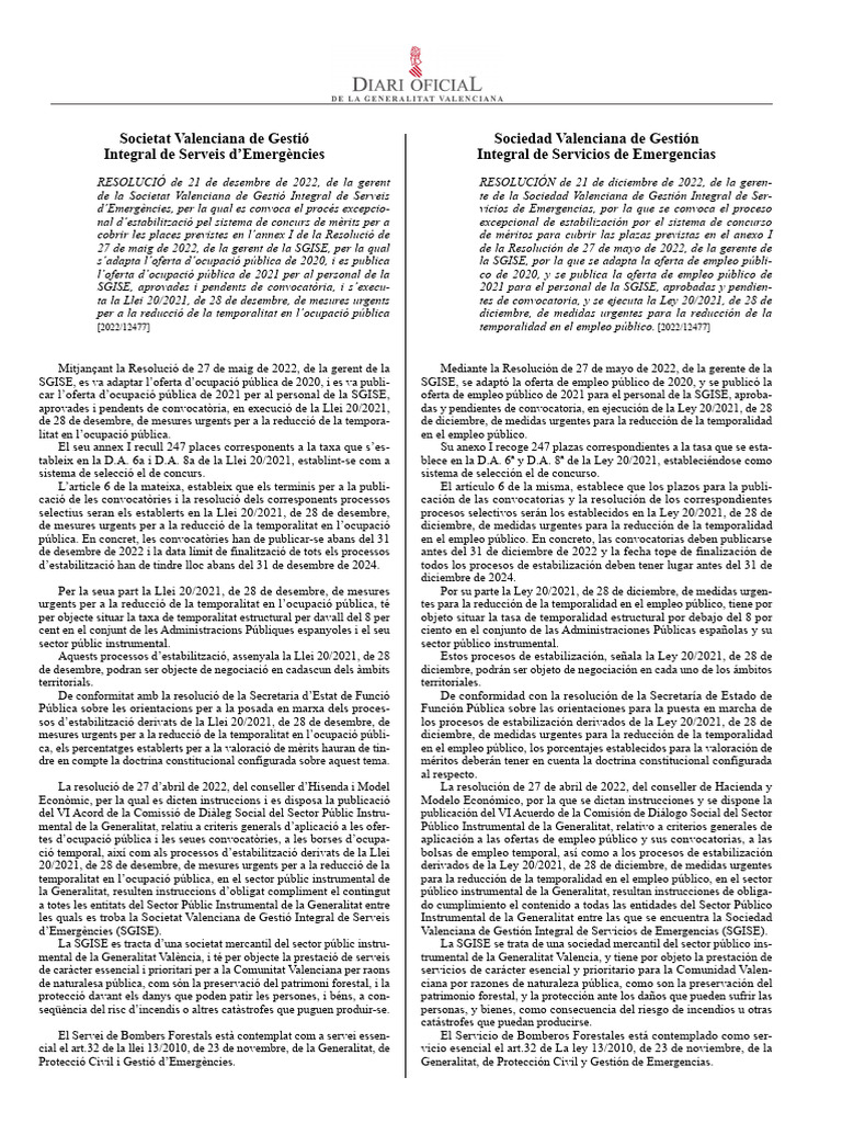 DOGV Proceso Estabilización Méritos Anexo I R27-05 | PDF