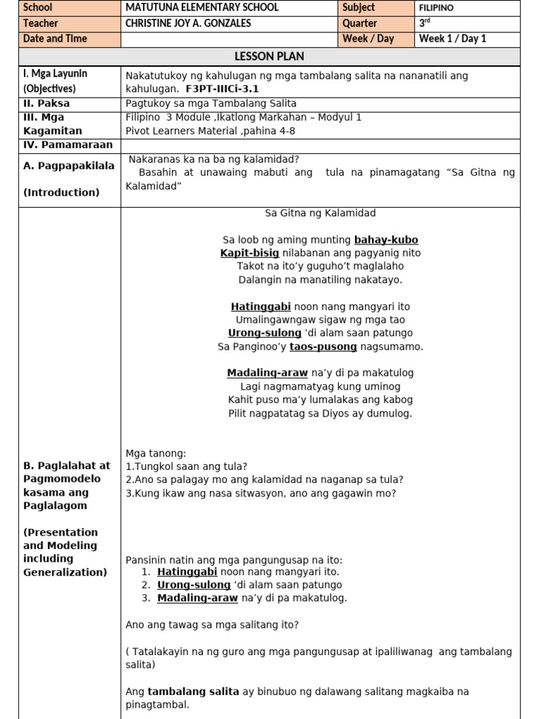 Filipino Week 1 Day 1 Pdf