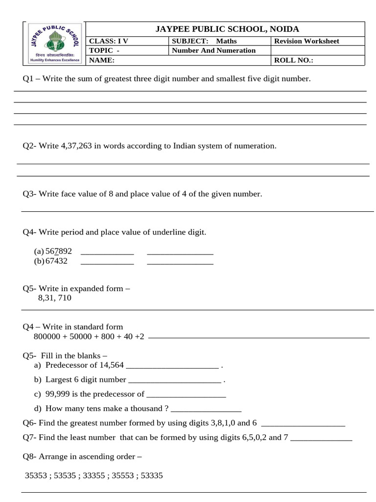 Class 4 number and numeration pdf