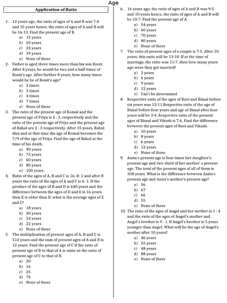 Age Ratio Problems and Solutions | PDF | Arithmetic | Mathematics