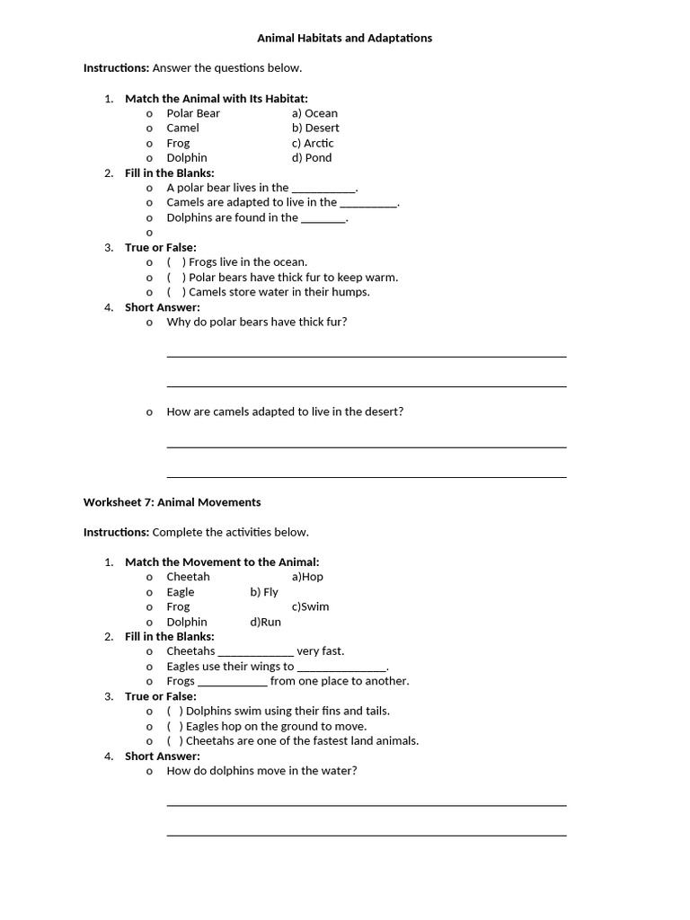 Animal Habitats and Adaptations Worksheet | PDF | Frog | Amphibian
