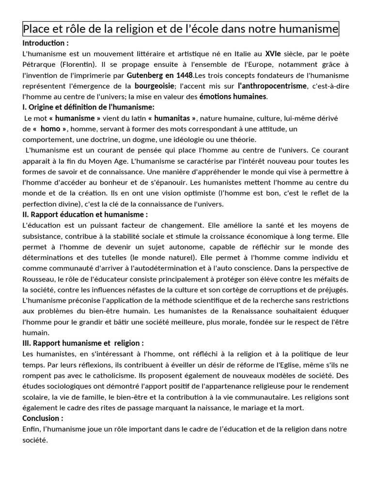 Place Et Rã Le de La Religion Et de L'ã©ducation Dans Notre Humanisme | PDF