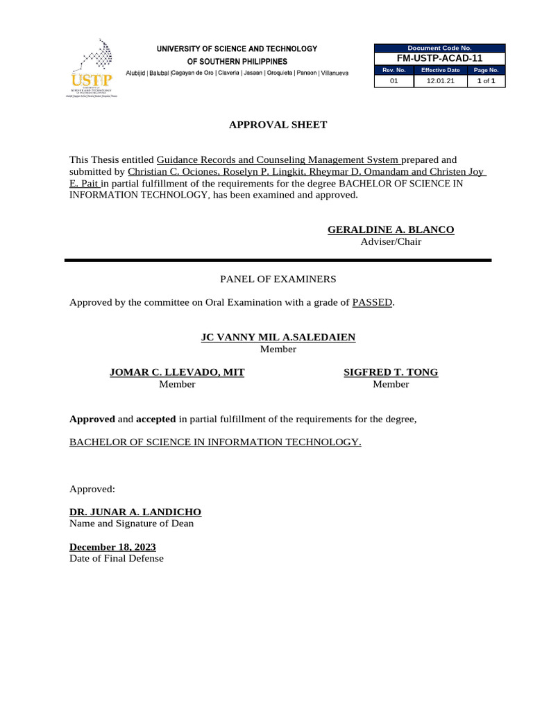 FM-USTP-ACAD-11-Approval-Sheet-1 | PDF