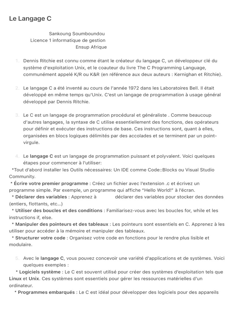 Introduction au Langage C en Français | PDF | C (Langage de ...