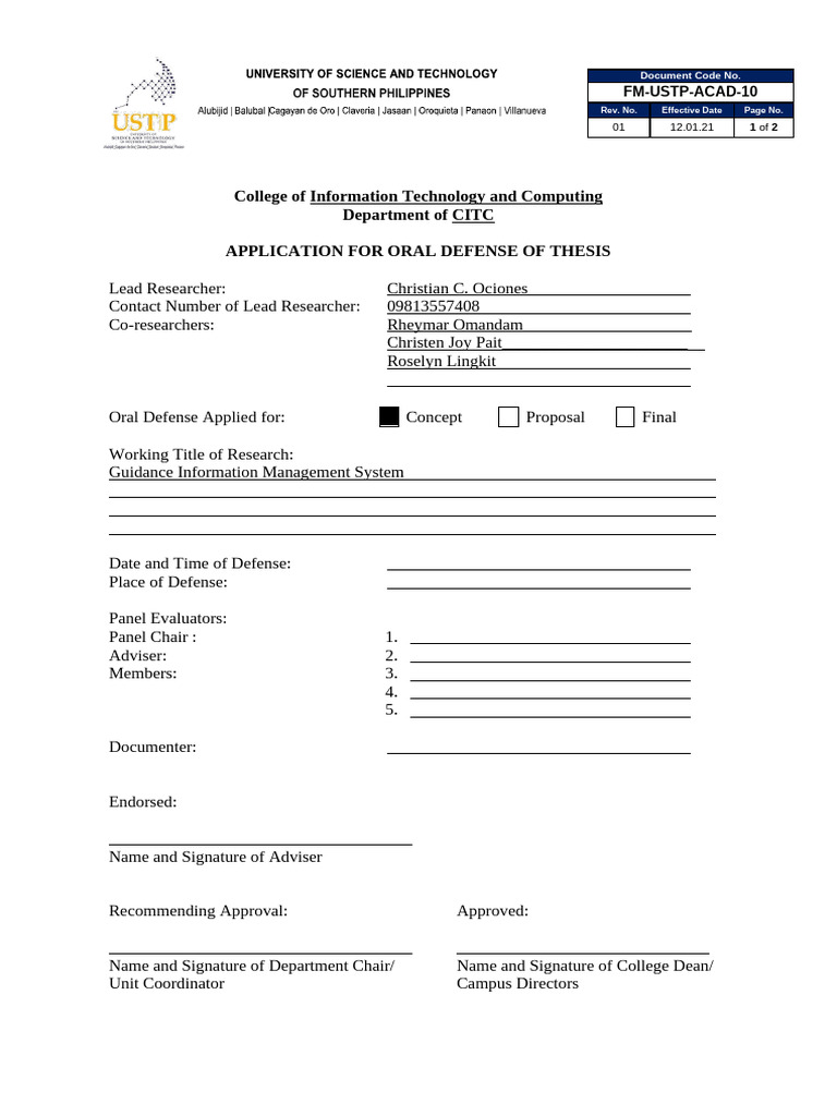 FM USTP ACAD 10 Application For Oral Defense of Thesis 1 | PDF