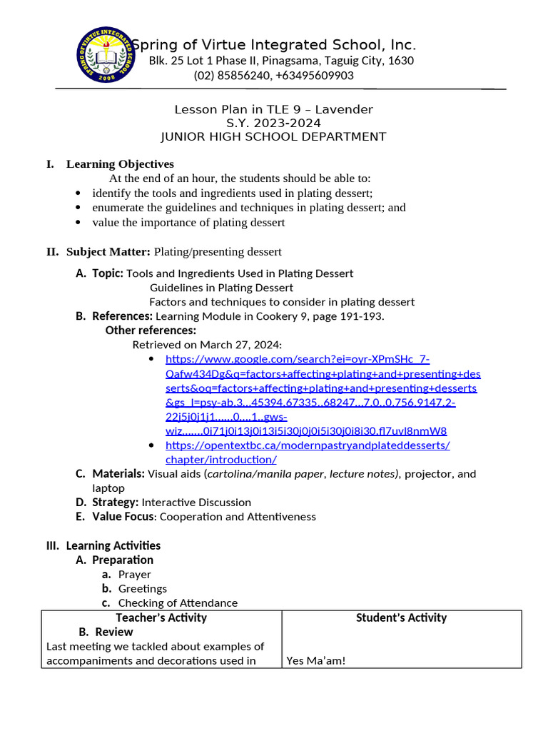 Lesson Plan Tle 8 | PDF