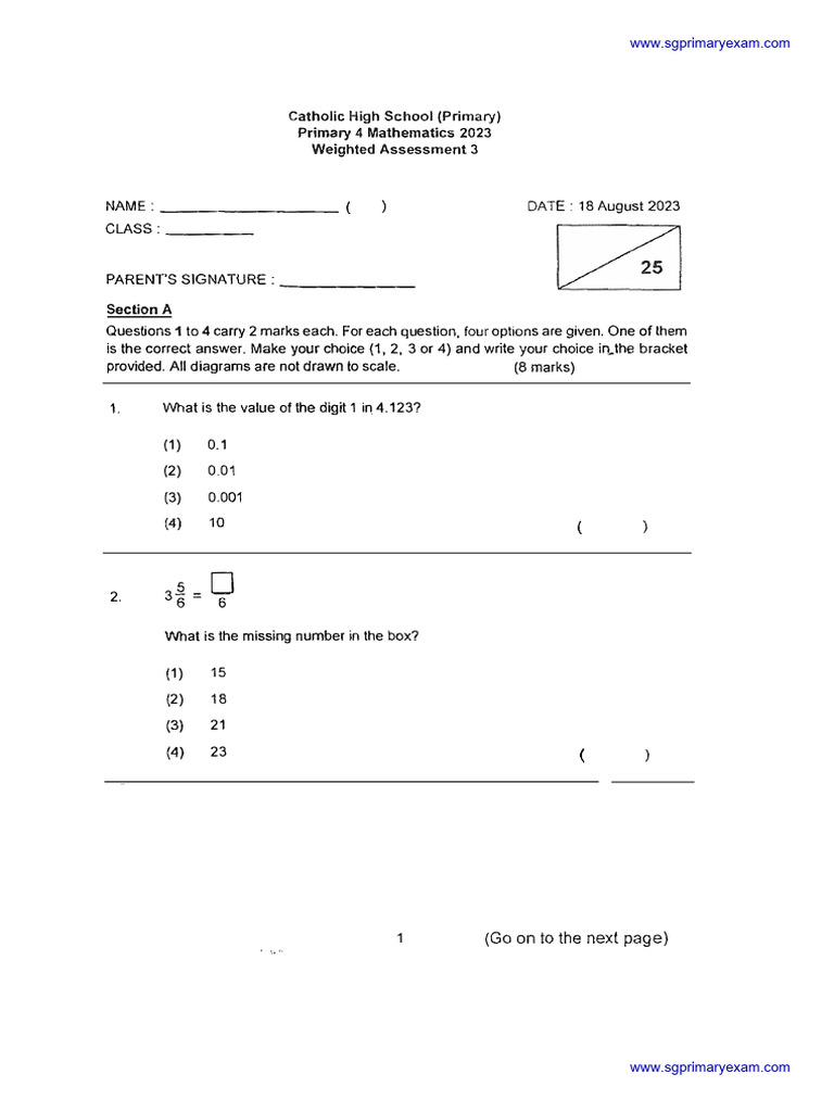 2023-P4-Maths-Weighted Assessment 3-Catholic High | PDF