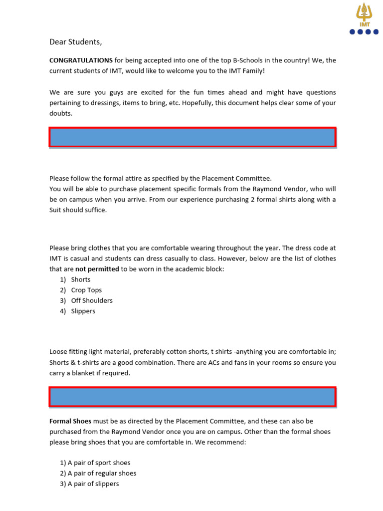IMT Student Packing Guide | PDF | Clothing | Shoe