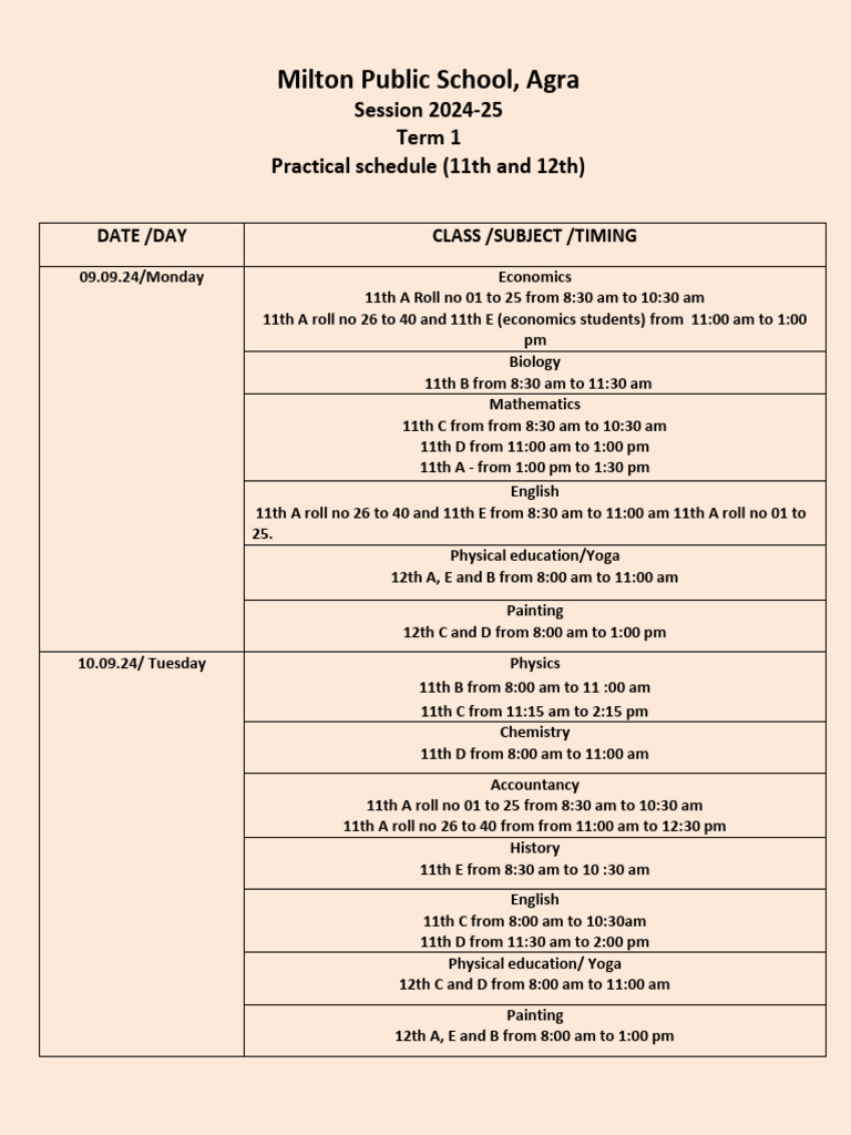 11 and 12 Practical Schedule Term 1-1 | PDF