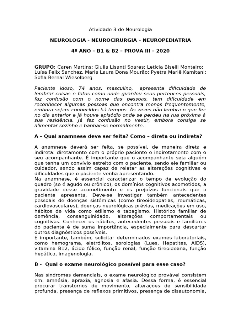 Prova 3 Neurologia - Grupo 03 B1 | PDF