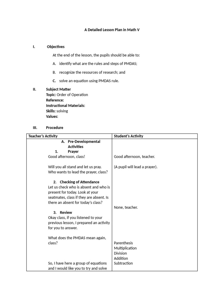 Order of Operations Lesson Plan | PDF | Teachers | Career & Growth