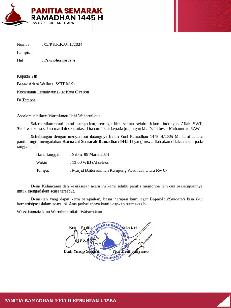 Surat Permohonan Izin Acara Pawai Obor 2024 | PDF