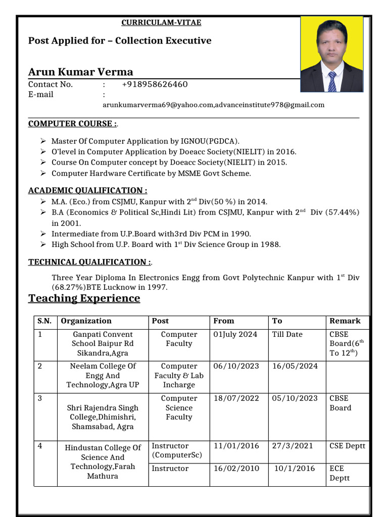 Arun Resume Finance Pdf