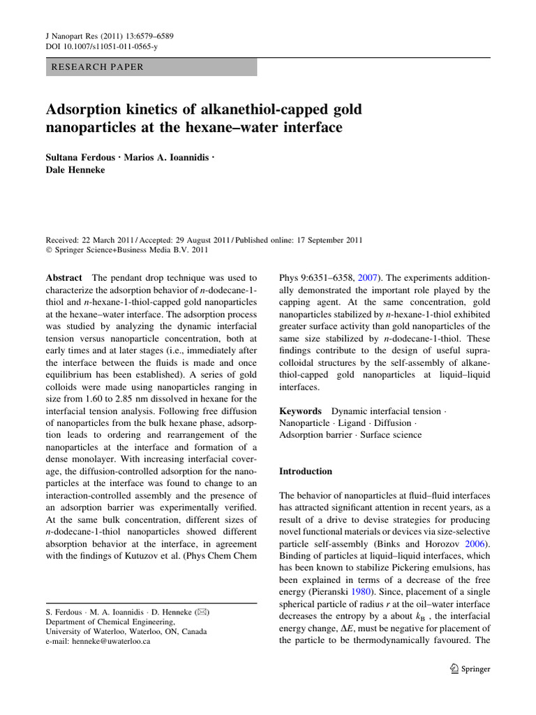 Adsorption Kinetics of Gold Nanoparticles | PDF | Adsorption | Nanoparticle