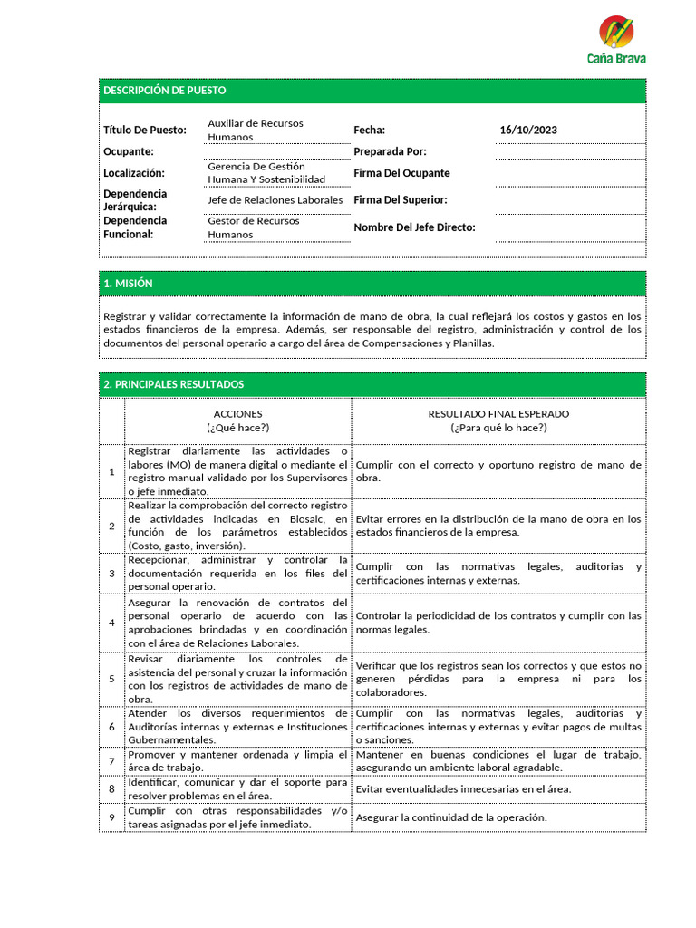 Descripción de Puesto - Auxiliar de Recursos Humanos | PDF