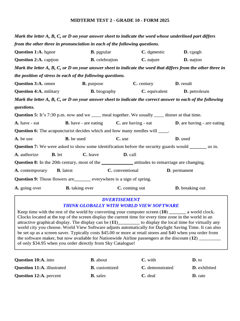 MIDTERM TEST 2.docx Đề 2 Lớp 10 | PDF