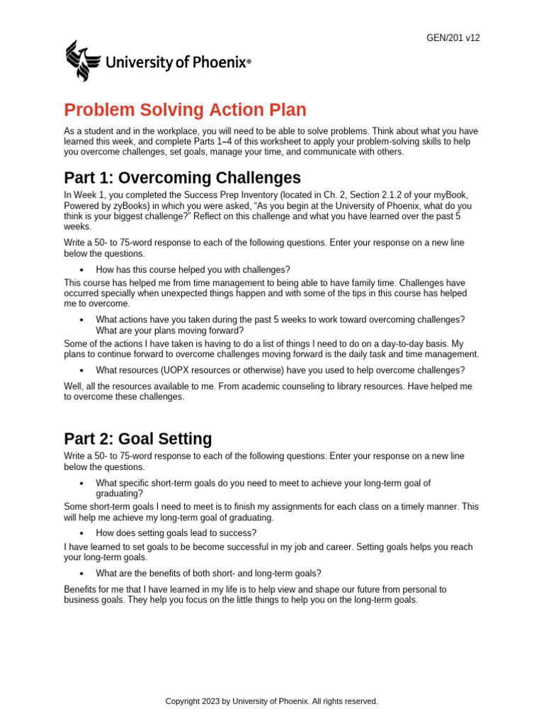 Gen201 v12 Wk5 Problem Solving Action Plan | PDF