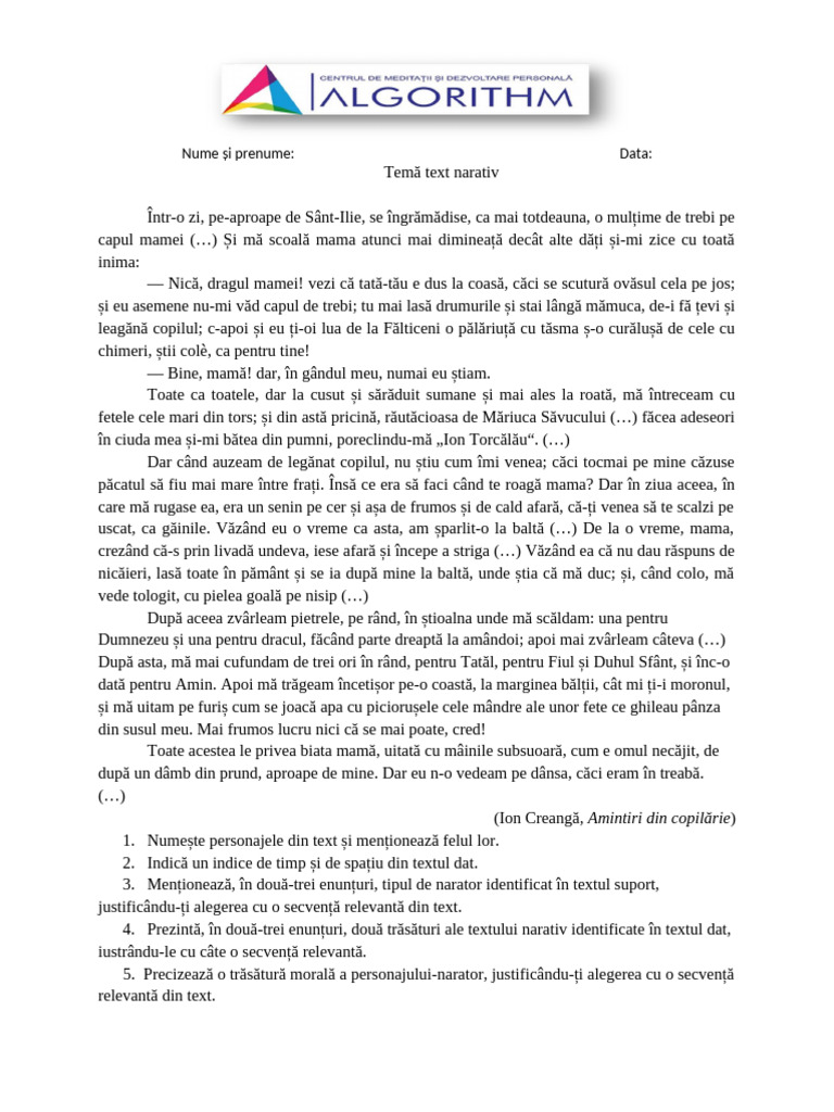 Aplicații Textul Narativ | PDF