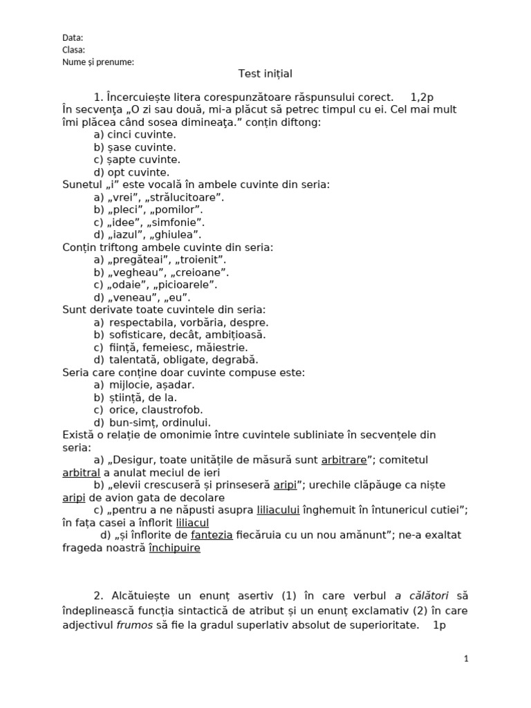 Test Inițial Cls 8 | PDF